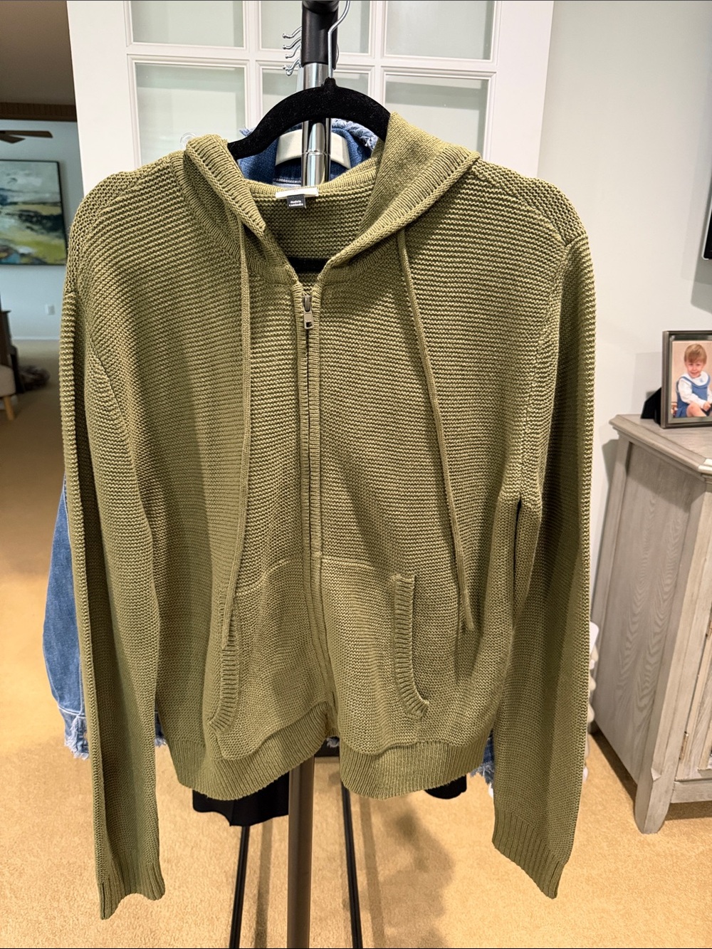 VGC CAbi Hudson Pullover Medium Olive Green Zip Front Hooded Knit Cardigan